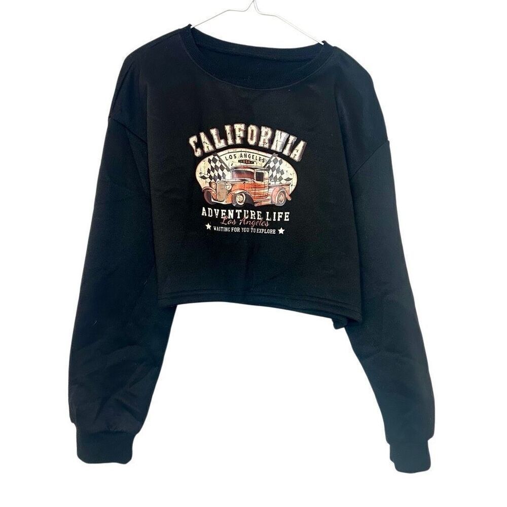 Shein California Adventure Life Cropped Pullover Graphic Sweatshirt Black Medium